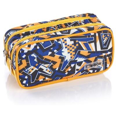 Favorit , Astuccio Porta trucco, 2 scomparti e cerniere, espandibile e versatile, stampa geometrica Blu e Giallo, formato 22 x 10 x 10cm Favorit , Astuccio Porta trucco, 2 scomparti e cerniere, espandibile e versatile, stampa geometrica Blu e Giallo, formato 22 x 10 x 10cm