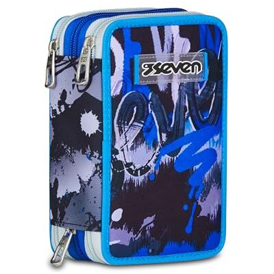 Seven Astuccio Scuola Elementare, 3 scomparti, Medie, con Matite, Pennarelli, Penne, 3 Zip, Hue & Writes, Bambino, Ragazzo, blu Seven Astuccio Scuola Elementare, 3 scomparti, Medie, con Matite, Pennarelli, Penne, 3 Zip, Hue & Writes, Bambino, Ragazzo, blu