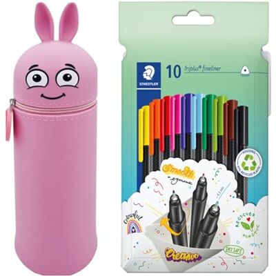COLOP Astuccio MARKY con Design Emoji in Rosa, Silicone Morbido e Resistente, incl. 10 STAEDTLER triplus fineliner 334, Punta Triangolare, Superfine, Circa 0,3 mm, in Materiale Riciclato al 97%. COLOP Astuccio MARKY con Design Emoji in Rosa, Silicone Morbido e Resistente, incl. 10 STAEDTLER triplus fineliner 334, Punta Triangolare, Superfine, Circa 0,3 mm, in Materiale Riciclato al 97%.