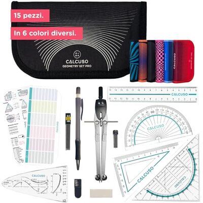 CALCUSO Set di Geometria PRO (15 Pezzi) in astuccio nero con compasso e goniometro – Pratico kit per scuola, università e ufficio – Ideale per studenti e professionisti CALCUSO Set di Geometria PRO (15 Pezzi) in astuccio nero con compasso e goniometro – Pratico kit per scuola, università e ufficio – Ideale per studenti e professionisti