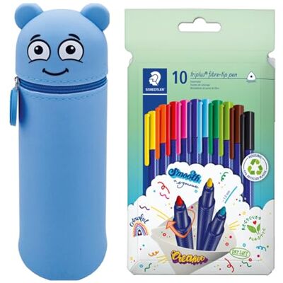 COLOP Astuccio MARKY con Design Emoji in Blu, Silicone Morbido e Resistente, incl. 10 pennarelli STAEDTLER triplus 323, triangolari, Punta a Prova di Impronta, Circa 1 mm, Materiale Riciclato al 97%. COLOP Astuccio MARKY con Design Emoji in Blu, Silicone Morbido e Resistente, incl. 10 pennarelli STAEDTLER triplus 323, triangolari, Punta a Prova di Impronta, Circa 1 mm, Materiale Riciclato al 97%.