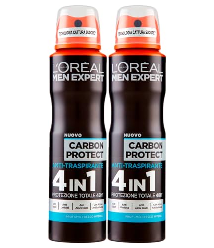 L'Oreal L'Oréal Paris Men Expert Carbon Protect Deodorante Spray Anti-Traspirante 4in1 Protezione 48h Contro Cattivi Odori e Umidità 2 Flaconi da 150ml