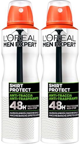 L'Oreal L'Oréal Paris Men Expert Shirt Protect Deodorante Spray Anti-Traspirante Protezione 48h con Tecnologia Anti-Traccia Fresca Fragranza 2 Flaconi da 150ml