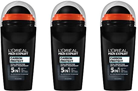 L'Oreal L'Oréal Men Expert Deodorante da uomo 5 in 1 contro la formazione di odori, umidità, batteri e residui bianchi per fino a 48 ore di freschezza, Carbon Protect, 3 x 50 ml