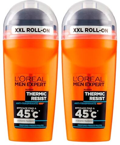 L'Oreal L'Oréal Paris Men Expert Thermic Resist Deodorante Roll-On Anti-Traspirante Protezione 48h Tecnologia Ceramic System Contro Cattivi Odori con Testina XXL 2 Flaconi da 50ml