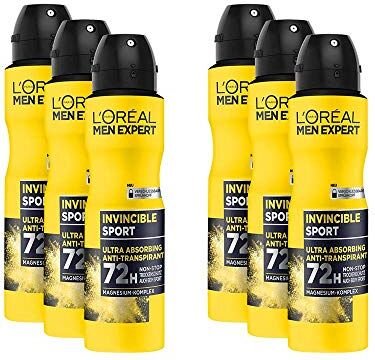 L'ORÉAL Men Expert Invincible Sport Anti Transpirant Deo Spray con 72 H protezione secco Confzione da 6