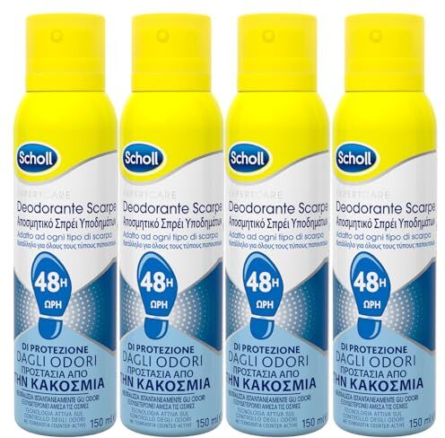 Scholl Fresh Step Deodorante Scarpe Spray Antiodore 48h Performance Contro i Cattivi Odori Non Lascia Aloni o Residui 4 Flaconi da 150ml