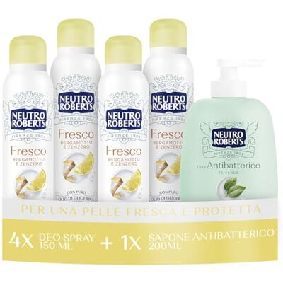 NEUTRO ROBERTS , Deodorante Spray Fresco 4x150ml, Sapone Antibatterico 200ml NEUTRO ROBERTS , Deodorante Spray Fresco 4x150ml, Sapone Antibatterico 200ml