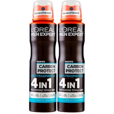 L'Oreal Men Expert Carbon Protect Deodorante Spray Anti-Traspirante 4in1 Protezione 48h Contro Cattivi Odori e Umidità 2 Flaconi da 150ml L'Oreal Men Expert Carbon Protect Deodorante Spray Anti-Traspirante 4in1 Protezione 48h Contro Cattivi Odori e Umidità 2 Flaconi da 150ml