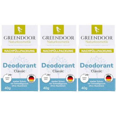GREENDOOR Deodorant Refill System, 3 x 40 g, deodorante rigido ricaricabile senza alluminio, protezione forte, vegano, profumo unisex discreto, senza plastica GREENDOOR Deodorant Refill System, 3 x 40 g, deodorante rigido ricaricabile senza alluminio, protezione forte, vegano, profumo unisex discreto, senza plastica