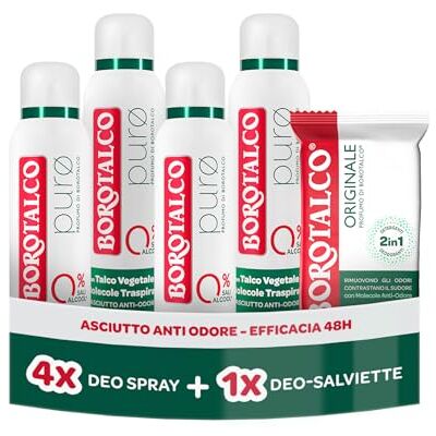 Borotalco , Deodorante Spray Puro 4x50ml, Deo-Salviette Originale 2in1 Borotalco , Deodorante Spray Puro 4x50ml, Deo-Salviette Originale 2in1