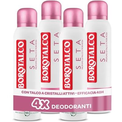 Borotalco , Deodorante Spray Seta, con Talco a Cristalli Attivi, Tripla Protezione Asciutta, Senza Alcool, Profumo di Talco eFiori Rosa, 48h efficacia 4 Pezzi da 150 ml Esclusiva Amazon Borotalco , Deodorante Spray Seta, con Talco a Cristalli Attivi, Tripla Protezione Asciutta, Senza Alcool, Profumo di Talco eFiori Rosa, 48h efficacia 4 Pezzi da 150 ml Esclusiva Amazon