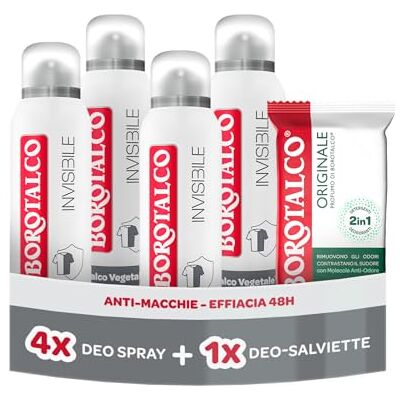 Borotalco , Deodorante Spray Invisibile 4x150ml, Deo-Salviette Originale Borotalco , Deodorante Spray Invisibile 4x150ml, Deo-Salviette Originale