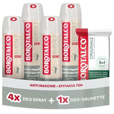 Borotalco , Deodorante Uomo Spray Invisibile 4x150 ml, Deo-Salviette 2in1 Borotalco , Deodorante Uomo Spray Invisibile 4x150 ml, Deo-Salviette 2in1