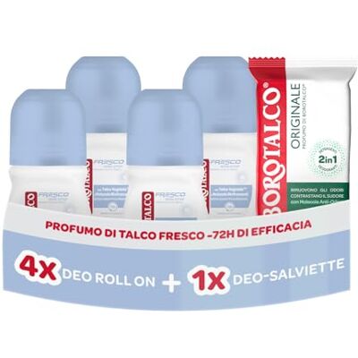 Borotalco , Deodorante Roll On Fresco 4x50ml, Deo-Salviette Originale 2in1 Borotalco , Deodorante Roll On Fresco 4x50ml, Deo-Salviette Originale 2in1