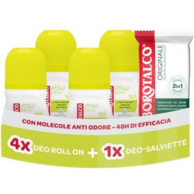 Borotalco , Deodorante Roll On Attivo 4x50ml, Deo-Salviette Originale 2in1 Borotalco , Deodorante Roll On Attivo 4x50ml, Deo-Salviette Originale 2in1