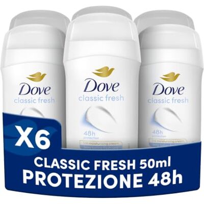 Dove Deodorante Stick, Classic Care, Deodorante Antitraspirante in Stick, Protezione Fino a 48 Ore, con 1/4 di Crema Idratante, Formula Delicata, Deodorante Uomo e Donna, 6 Pezzi da 50 ml Dove Deodorante Stick, Classic Care, Deodorante Antitraspirante in Stick, Protezione Fino a 48 Ore, con 1/4 di Crema Idratante, Formula Delicata, Deodorante Uomo e Donna, 6 Pezzi da 50 ml