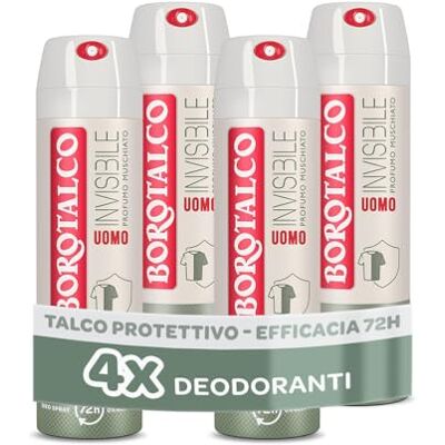 Borotalco , Deodorante Uomo Spray Invisibile, 4 x 150 ml Senza Alcool, con Talco Protettivo, Anti-Macchie, Profumo Muschiato, 72h di Efficacia Borotalco , Deodorante Uomo Spray Invisibile, 4 x 150 ml Senza Alcool, con Talco Protettivo, Anti-Macchie, Profumo Muschiato, 72h di Efficacia