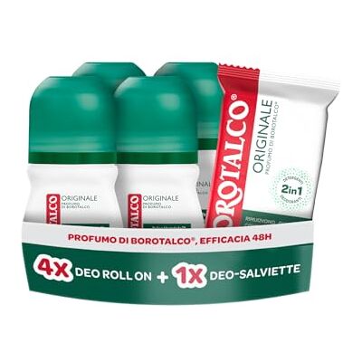 Borotalco , Kit con 4 Deodoranti Roll On e Deo-Salviette, con Talco Vegetale e Molecole Anti‑Odore, Azione Detergente e Deodorante, Durata 48h, Senza Alcol, 4x150 ml, 12 Salviette Esclusiva Amazon Borotalco , Kit con 4 Deodoranti Roll On e Deo-Salviette, con Talco Vegetale e Molecole Anti‑Odore, Azione Detergente e Deodorante, Durata 48h, Senza Alcol, 4x150 ml, 12 Salviette Esclusiva Amazon