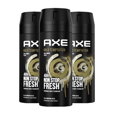 AXE Body Spray Gold Temptation Deodorante senza alluminio garantisce 48 ore per una protezione efficace contro gli odori corporei 150 ml, 3 pezzi AXE Body Spray Gold Temptation Deodorante senza alluminio garantisce 48 ore per una protezione efficace contro gli odori corporei 150 ml, 3 pezzi