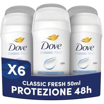 Dove Deodorante Stick, Classic Care, Deodorante Antitraspirante in Stick, Protezione Fino a 48 Ore, con 1/4 di Crema Idratante, Formula Delicata, Deodorante Uomo e Donna, 6 Pezzi da 50 ml Dove Deodorante Stick, Classic Care, Deodorante Antitraspirante in Stick, Protezione Fino a 48 Ore, con 1/4 di Crema Idratante, Formula Delicata, Deodorante Uomo e Donna, 6 Pezzi da 50 ml