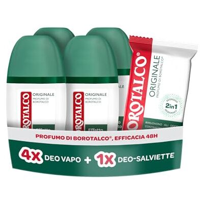 Borotalco , Kit 4 Deodoranti Vapo e Deo-Salviette, 4 x 75 ml Con Talco Vegetale e Molecole Anti-Odore, Azione Detergente e Deodorante, 48h, Senza Alcol, 12 Salviette Borotalco , Kit 4 Deodoranti Vapo e Deo-Salviette, 4 x 75 ml Con Talco Vegetale e Molecole Anti-Odore, Azione Detergente e Deodorante, 48h, Senza Alcol, 12 Salviette