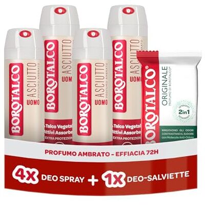 Borotalco , Deodorante Spray Puro 4x50ml, Deo-Salviette Originale 2in1 Borotalco , Deodorante Spray Puro 4x50ml, Deo-Salviette Originale 2in1