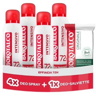 Borotalco , Deodorante Spray Intensivo 4x150ml, Deo-Salviette Originale 2in1 Borotalco , Deodorante Spray Intensivo 4x150ml, Deo-Salviette Originale 2in1