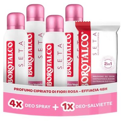 Borotalco , Deodorante Spray Seta 4x150ml, Deo-Salviette Seta 2in1 Borotalco , Deodorante Spray Seta 4x150ml, Deo-Salviette Seta 2in1