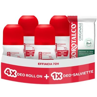 Borotalco , Deodorante Roll On Intensivo 4x50ml, Deo-Salviette Originale Borotalco , Deodorante Roll On Intensivo 4x50ml, Deo-Salviette Originale