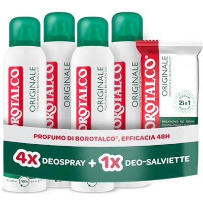 Borotalco , Kit con 4 Deodoranti Spray e Deo-Salviette, con Talco Vegetale e Molecole Anti‑Odore, Azione Deodorante e Detergente, Durata 48h, Senza Alcol, 4x150 ml, 12 Salviette Esclusiva Amazon Borotalco , Kit con 4 Deodoranti Spray e Deo-Salviette, con Talco Vegetale e Molecole Anti‑Odore, Azione Deodorante e Detergente, Durata 48h, Senza Alcol, 4x150 ml, 12 Salviette Esclusiva Amazon