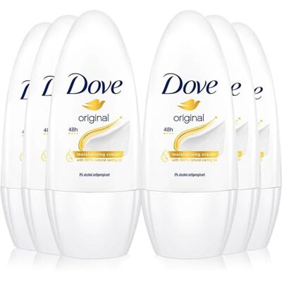 Dove Desodorante roll-on original per Donna 6 Pezzi da 50 ml, Totale: 300 ml (Il pacchetto può variare) Dove Desodorante roll-on original per Donna 6 Pezzi da 50 ml, Totale: 300 ml (Il pacchetto può variare)