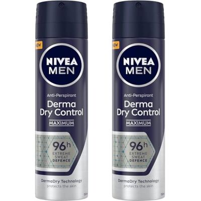 NIVEA MEN Derma Dry Control Maximum Deodorante Antitraspirante Spray, Protezione 96H, Tecnologia DermaDry, Formato 150 ml (2) NIVEA MEN Derma Dry Control Maximum Deodorante Antitraspirante Spray, Protezione 96H, Tecnologia DermaDry, Formato 150 ml (2)
