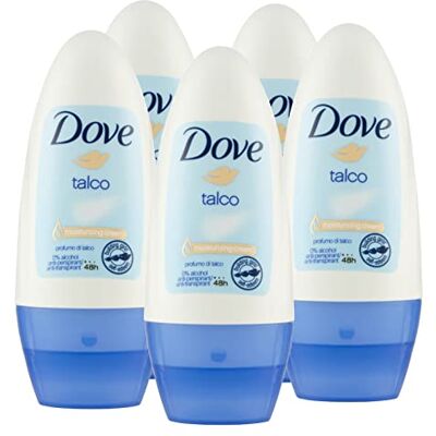 Dove 5x Deodorante Roll-On Talco 48h Profumo di Talco 0% Alcol Antitraspirante 5 Flaconi da 50 ml Dove 5x Deodorante Roll-On Talco 48h Profumo di Talco 0% Alcol Antitraspirante 5 Flaconi da 50 ml