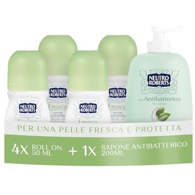 NEUTRO ROBERTS , Deodorante RollOn Fresco 4x50ml, Sapone Antibatterico 200ml NEUTRO ROBERTS , Deodorante RollOn Fresco 4x50ml, Sapone Antibatterico 200ml