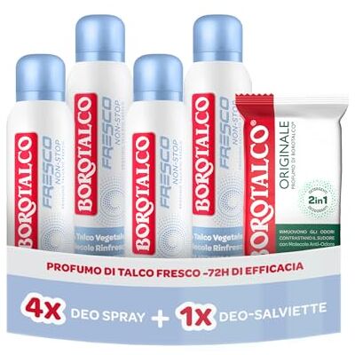 Borotalco , Deodorante Spray Fresco Azzurro 4x150ml, Deo-Salviette Originali Formula con Talco Vegetale e Molecole Rinfrescanti, 72h di Efficacia, Salviette Deodoranti con Anti-Odore Borotalco , Deodorante Spray Fresco Azzurro 4x150ml, Deo-Salviette Originali Formula con Talco Vegetale e Molecole Rinfrescanti, 72h di Efficacia, Salviette Deodoranti con Anti-Odore