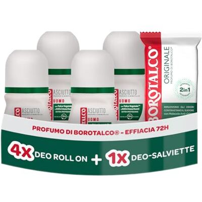 Borotalco , Deodorante Uomo Roll On Asciutto 4x50ml, Deo-Salviette Originale Borotalco , Deodorante Uomo Roll On Asciutto 4x50ml, Deo-Salviette Originale