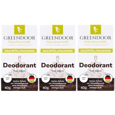 GREENDOOR Deodorant Refill System, 3 ricariche da 40 g, deodorante solido ricaricabile senza alluminio, protezione sicura, vegano, profumo fresco e legnoso, senza plastica GREENDOOR Deodorant Refill System, 3 ricariche da 40 g, deodorante solido ricaricabile senza alluminio, protezione sicura, vegano, profumo fresco e legnoso, senza plastica