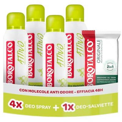 Borotalco , Deodorante Spray Attivo 4x50ml, Deo-Salviette Originale 2in1 Borotalco , Deodorante Spray Attivo 4x50ml, Deo-Salviette Originale 2in1