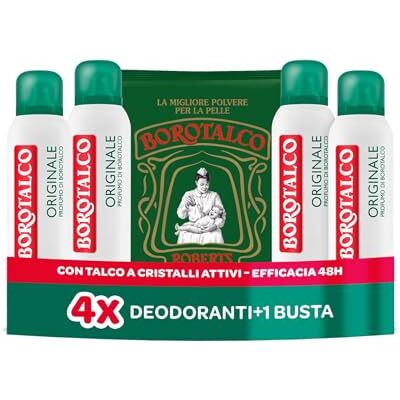 Borotalco , Deodorante Spray Originale, con Talco a Cristalli Attivi, Tripla Protezione Asciutta, Senza Alcool, Profumo di , 48h efficacia 4 Pezzi da 150 ml Esclusiva Amazon Borotalco , Deodorante Spray Originale, con Talco a Cristalli Attivi, Tripla Protezione Asciutta, Senza Alcool, Profumo di , 48h efficacia 4 Pezzi da 150 ml Esclusiva Amazon