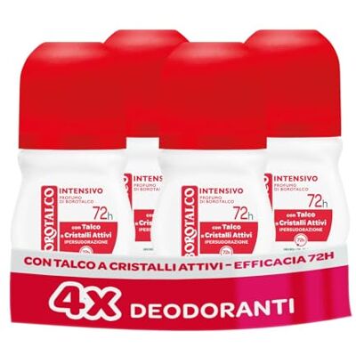 Borotalco , Deodorante Roll-on Intensivo, con Talco a Cristalli Attivi, Ipersudorazione, Senza Alcool, Profumo di , 72h efficacia 4 Pezzi da 50 ml Esclusiva Amazon Borotalco , Deodorante Roll-on Intensivo, con Talco a Cristalli Attivi, Ipersudorazione, Senza Alcool, Profumo di , 72h efficacia 4 Pezzi da 50 ml Esclusiva Amazon
