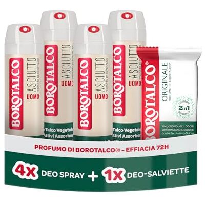 Borotalco , Deodorante Uomo Spray Originale 4x150ml, Deo-Salviette Originale Borotalco , Deodorante Uomo Spray Originale 4x150ml, Deo-Salviette Originale