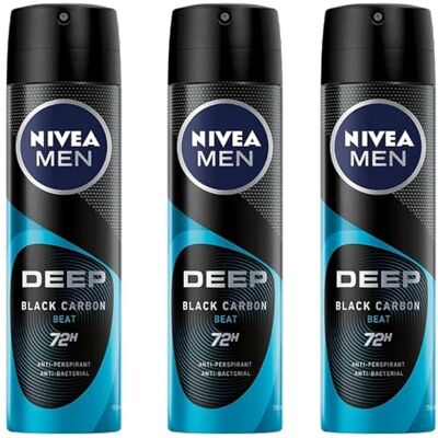 NIVEA MEN Deep Black Carbon Beat Deodorante Spray Uomo, Antitraspirante 72H, con Carbone Attivo, Protezione Anti-Odore, 150 ml (3) NIVEA MEN Deep Black Carbon Beat Deodorante Spray Uomo, Antitraspirante 72H, con Carbone Attivo, Protezione Anti-Odore, 150 ml (3)