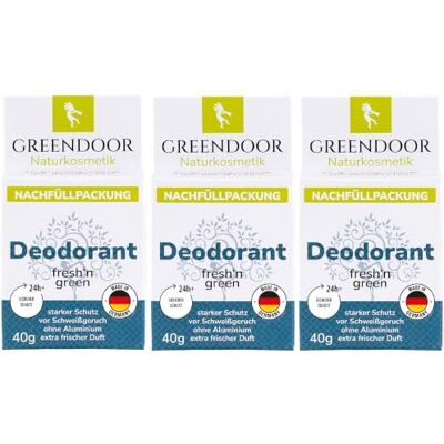GREENDOOR Deodorant Refill System, 3 x 40 g, deodorante solido ricaricabile senza alluminio, protezione sicura e forte, vegano, profumo extra fresco, senza plastica GREENDOOR Deodorant Refill System, 3 x 40 g, deodorante solido ricaricabile senza alluminio, protezione sicura e forte, vegano, profumo extra fresco, senza plastica