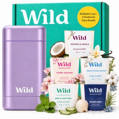 Wild Deodorante Naturale Ricaricabile Astuccio Viola 5 Ricariche Protezione 24 ore Senza sali di alluminio Formula vegana Cotton, Cherry Blossom, Coconut , Mint & Aloe Vera, Ocean Mist Wild Deodorante Naturale Ricaricabile Astuccio Viola 5 Ricariche Protezione 24 ore Senza sali di alluminio Formula vegana Cotton, Cherry Blossom, Coconut , Mint & Aloe Vera, Ocean Mist