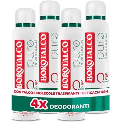 Borotalco , Deodorante Spray Puro, con Talco con Molecole Traspiranti, Formula Senza Alcool e Sali di Alluminio, Asciutto Anti-Odori, 48h di Efficacia, Profumo di , 4 x 150 ml Borotalco , Deodorante Spray Puro, con Talco con Molecole Traspiranti, Formula Senza Alcool e Sali di Alluminio, Asciutto Anti-Odori, 48h di Efficacia, Profumo di , 4 x 150 ml