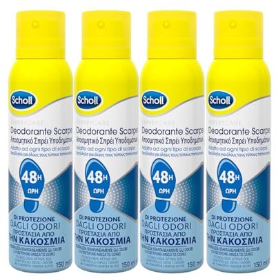 Scholl Fresh Step Deodorante Scarpe Spray Antiodore 48h Performance Contro i Cattivi Odori Non Lascia Aloni o Residui 4 Flaconi da 150ml Scholl Fresh Step Deodorante Scarpe Spray Antiodore 48h Performance Contro i Cattivi Odori Non Lascia Aloni o Residui 4 Flaconi da 150ml