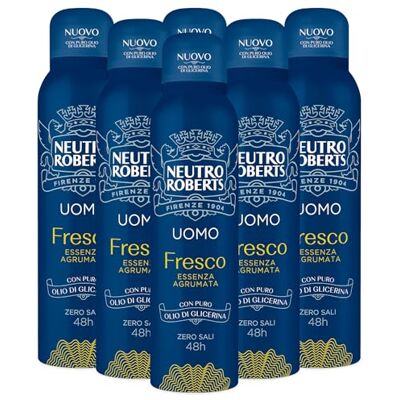 NEUTRO ROBERTS 6x Deodorante Spray Uomo Fresco Zero Sali Efficace 48h Essenza Agrumata 6 Flaconi da 150ml ognuno NEUTRO ROBERTS 6x Deodorante Spray Uomo Fresco Zero Sali Efficace 48h Essenza Agrumata 6 Flaconi da 150ml ognuno