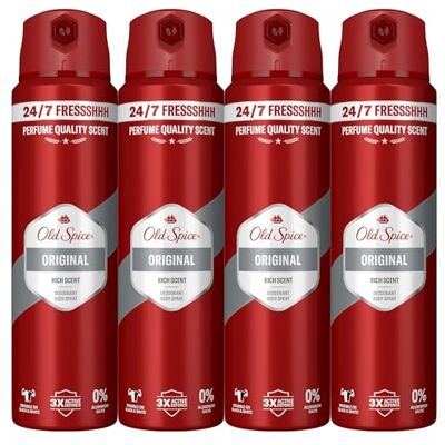 Old Spice Originale Deodorante per il Corpo Spray Per Gli Uomini 48 Ore Fresco, 0% Sali Di Alluminio, 4 x 150 ml Old Spice Originale Deodorante per il Corpo Spray Per Gli Uomini 48 Ore Fresco, 0% Sali Di Alluminio, 4 x 150 ml