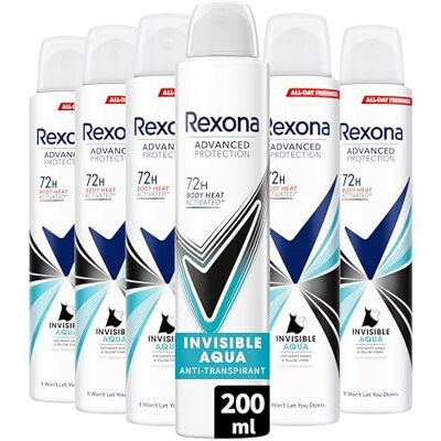 Rexona Deodorante da donna spray antitraspirante 72H invisibile Aqua 200ml Set di 6 Rexona Deodorante da donna spray antitraspirante 72H invisibile Aqua 200ml Set di 6